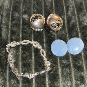 Costume Silver and Blue Clip On Earrings Silver Tone Bracelet